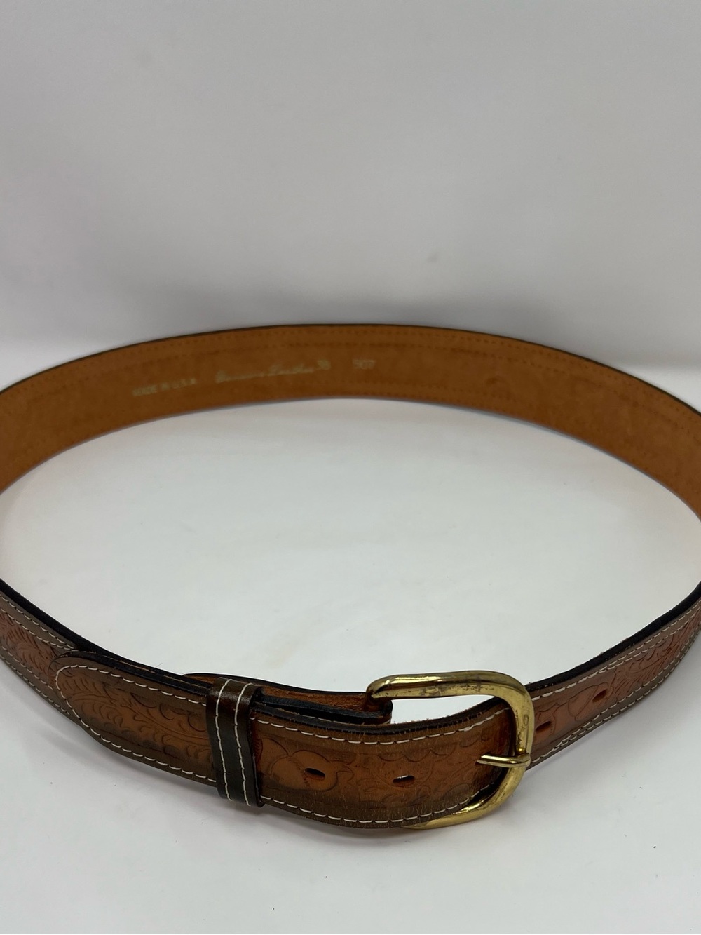 Vintage Belt Size 38 Leather Embossed Tooled Acorn Vines Made In US Brown